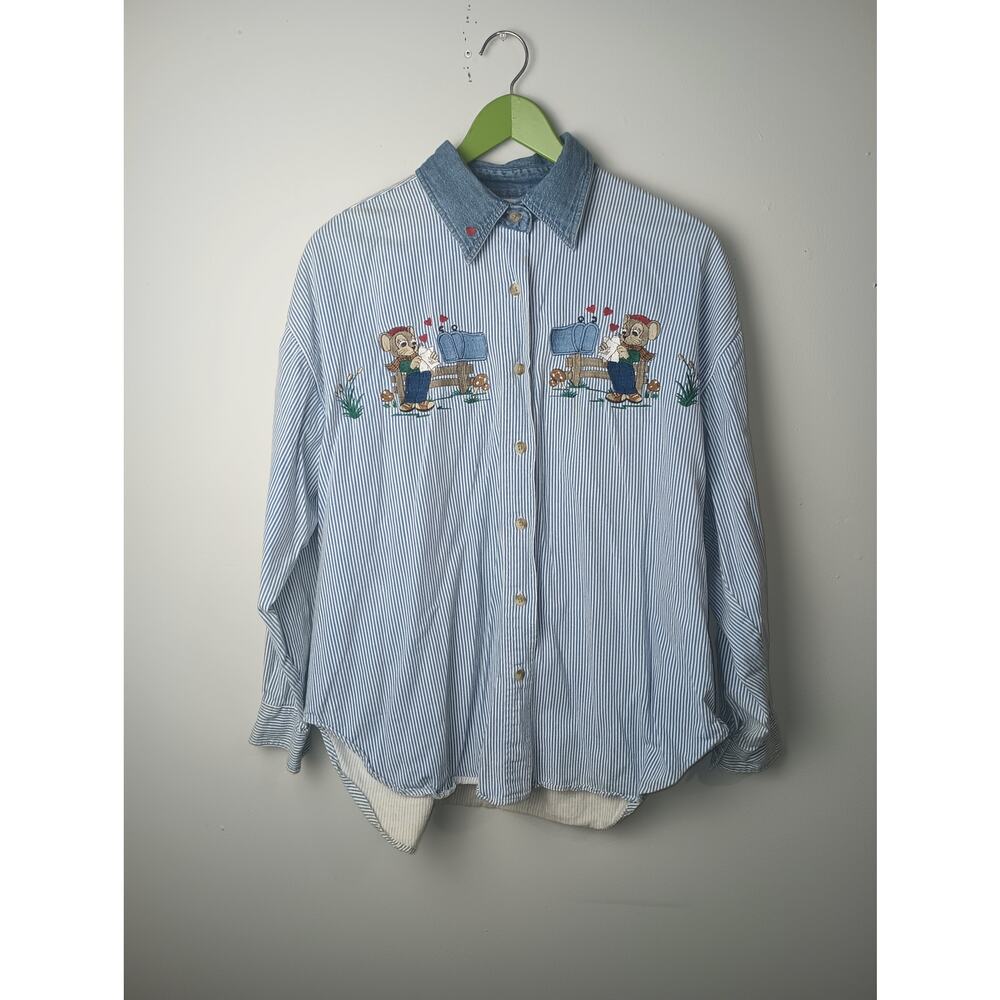 Women's Vtg Quizz Mouse Mushroom Valentines‎ Love Embroidery Button up Collar 18